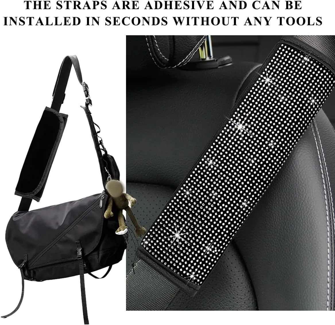 2 PCS Bling Car Seat Belt Cover, Sparkle Leather Seat Belt Pads with Rhinestone, Diamonds Glitter Seatbelt Cushions for Women Girl, Universal Interior Car Accessories (White)