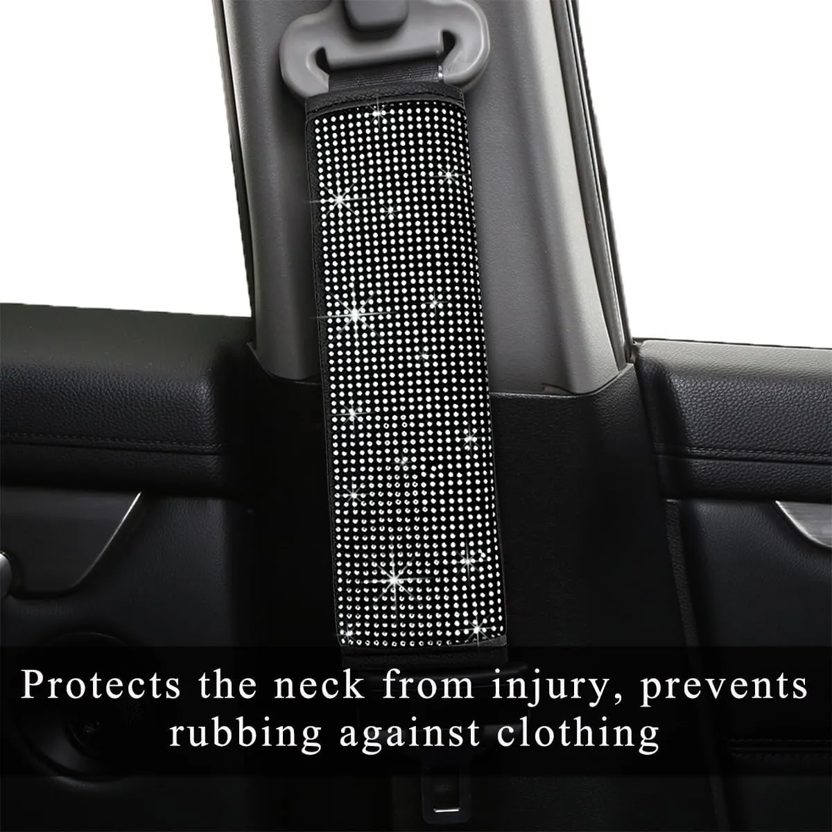 2 PCS Bling Car Seat Belt Cover, Sparkle Leather Seat Belt Pads with Rhinestone, Diamonds Glitter Seatbelt Cushions for Women Girl, Universal Interior Car Accessories (White)