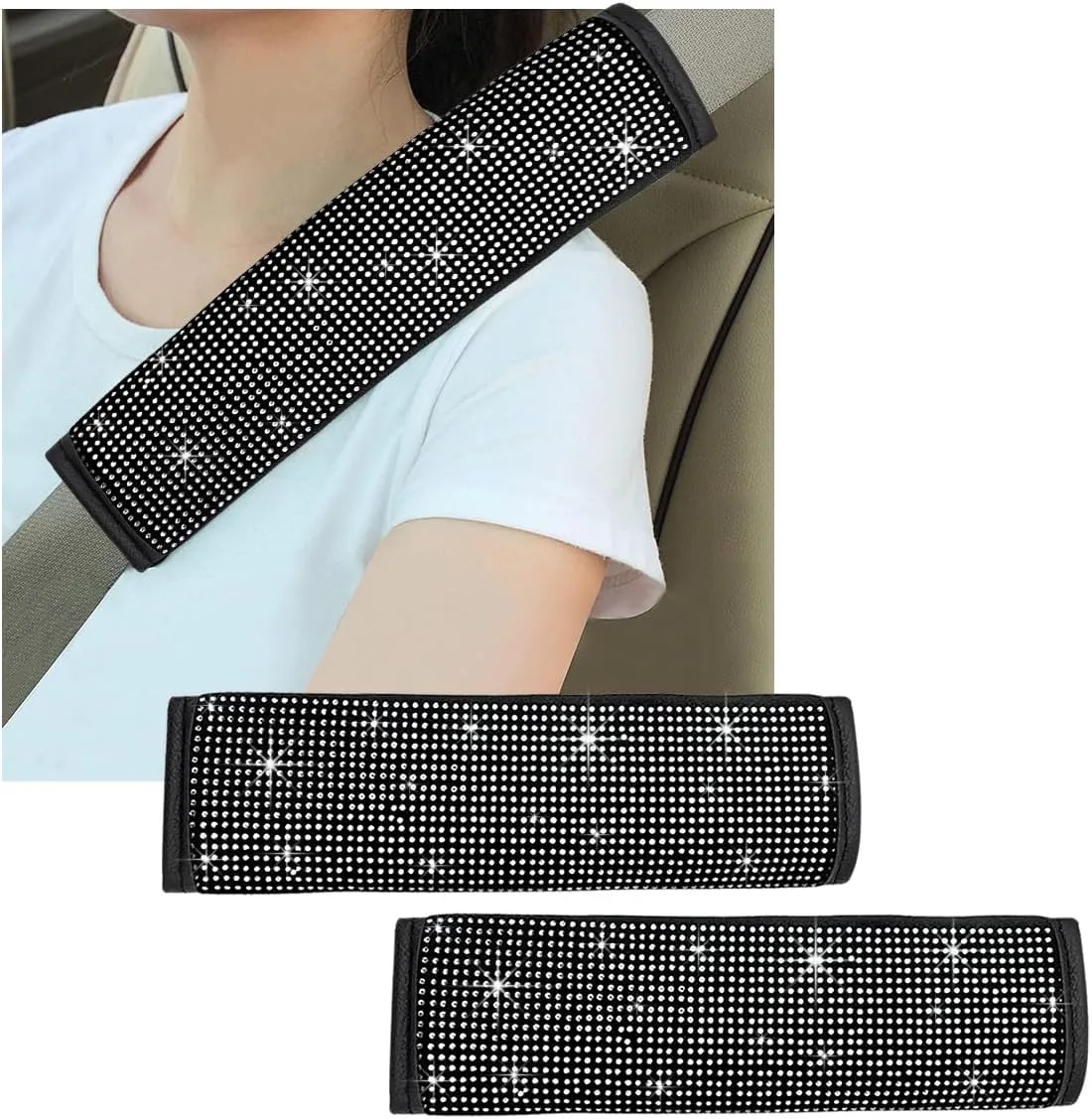 2 PCS Bling Car Seat Belt Cover, Sparkle Leather Seat Belt Pads with Rhinestone, Diamonds Glitter Seatbelt Cushions for Women Girl, Universal Interior Car Accessories (White)