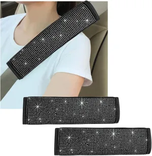 2 PCS Bling Car Seat Belt Cover, Sparkle Leather Seat Belt Pads with Rhinestone, Diamonds Glitter Seatbelt Cushions for Women Girl, Universal Interior Car Accessories (White)