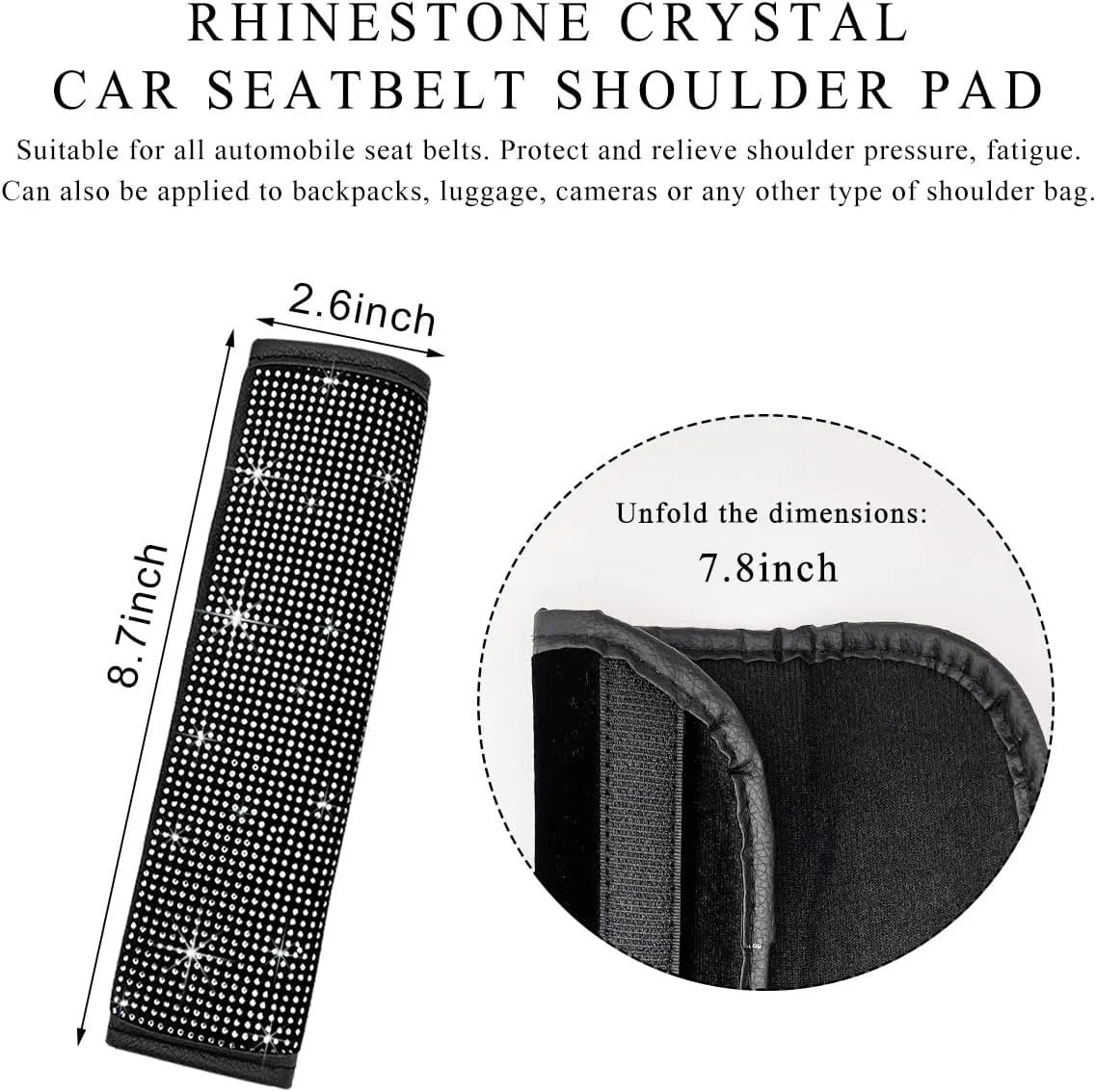2 PCS Bling Car Seat Belt Cover, Sparkle Leather Seat Belt Pads with Rhinestone, Diamonds Glitter Seatbelt Cushions for Women Girl, Universal Interior Car Accessories (White)