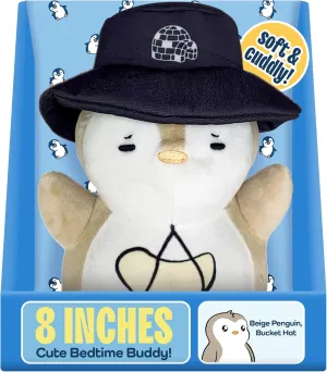 8 Inch Penguin Pillow Plush Animal Toy - Stuffed Plushy for Kids - Soft Plushie, Animal Pillow for Bedtime Cuddles, Playtime, and Nursery Decor (Beige Penguin, Bucket Hat)