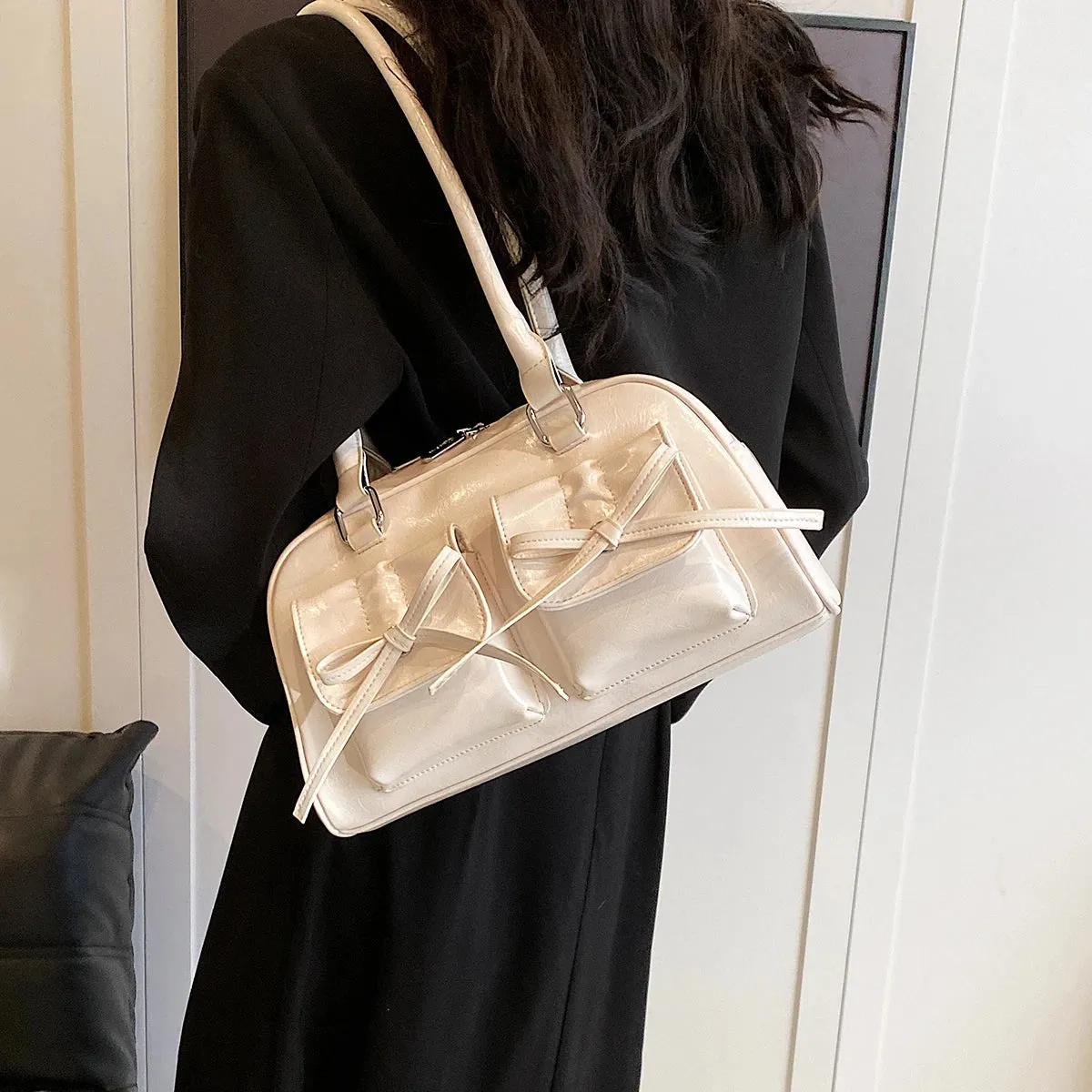 Amozae-LEFTSIDE Cute Bow Tie Design Underarm Bags for Women 2024 Y2K Korean Fashion Handbags and Purses Pu Leather Shoulder Bag