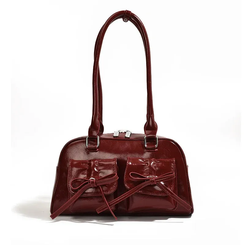 Amozae-LEFTSIDE Cute Bow Tie Design Underarm Bags for Women 2024 Y2K Korean Fashion Handbags and Purses Pu Leather Shoulder Bag