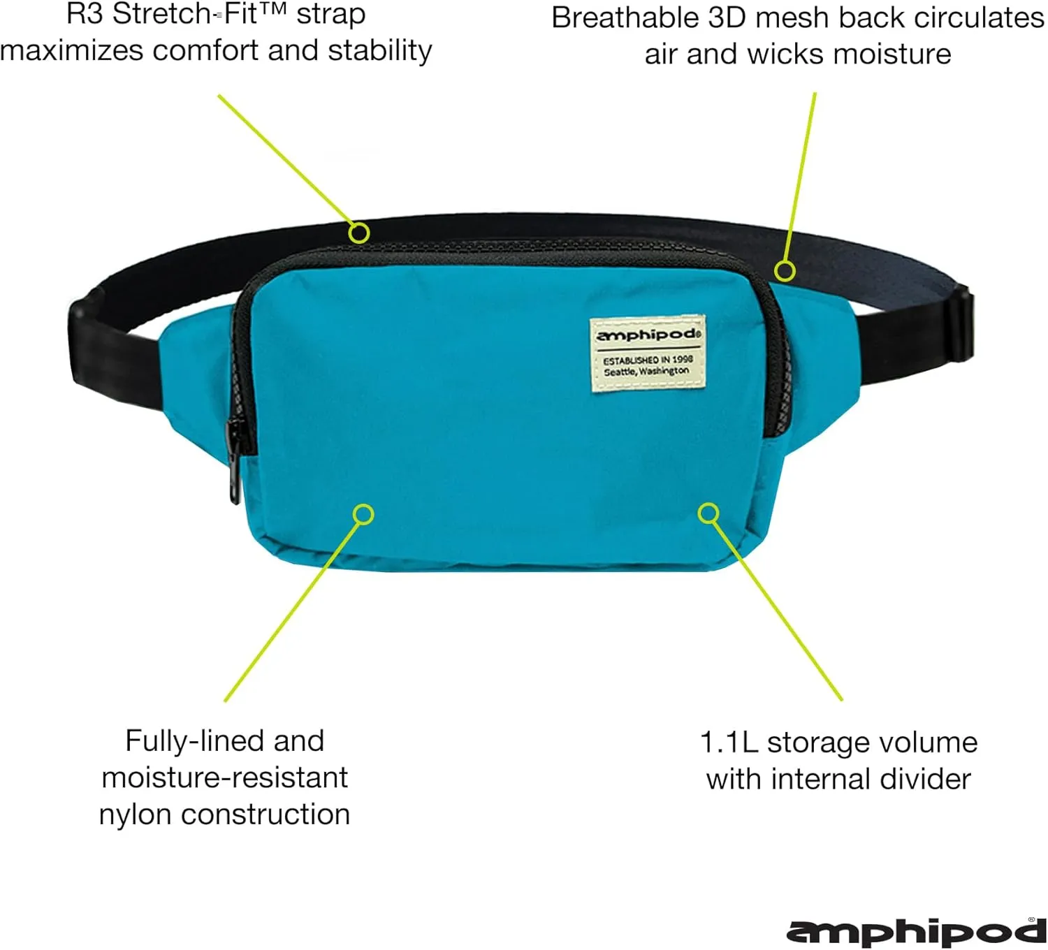 Amphipod R3 Convertible Pack, Lightweight Runners Pack & Crossbody Bag for Running, Travel, Hiking, Every Day, Men & Women - Lake Lucerne/Slate