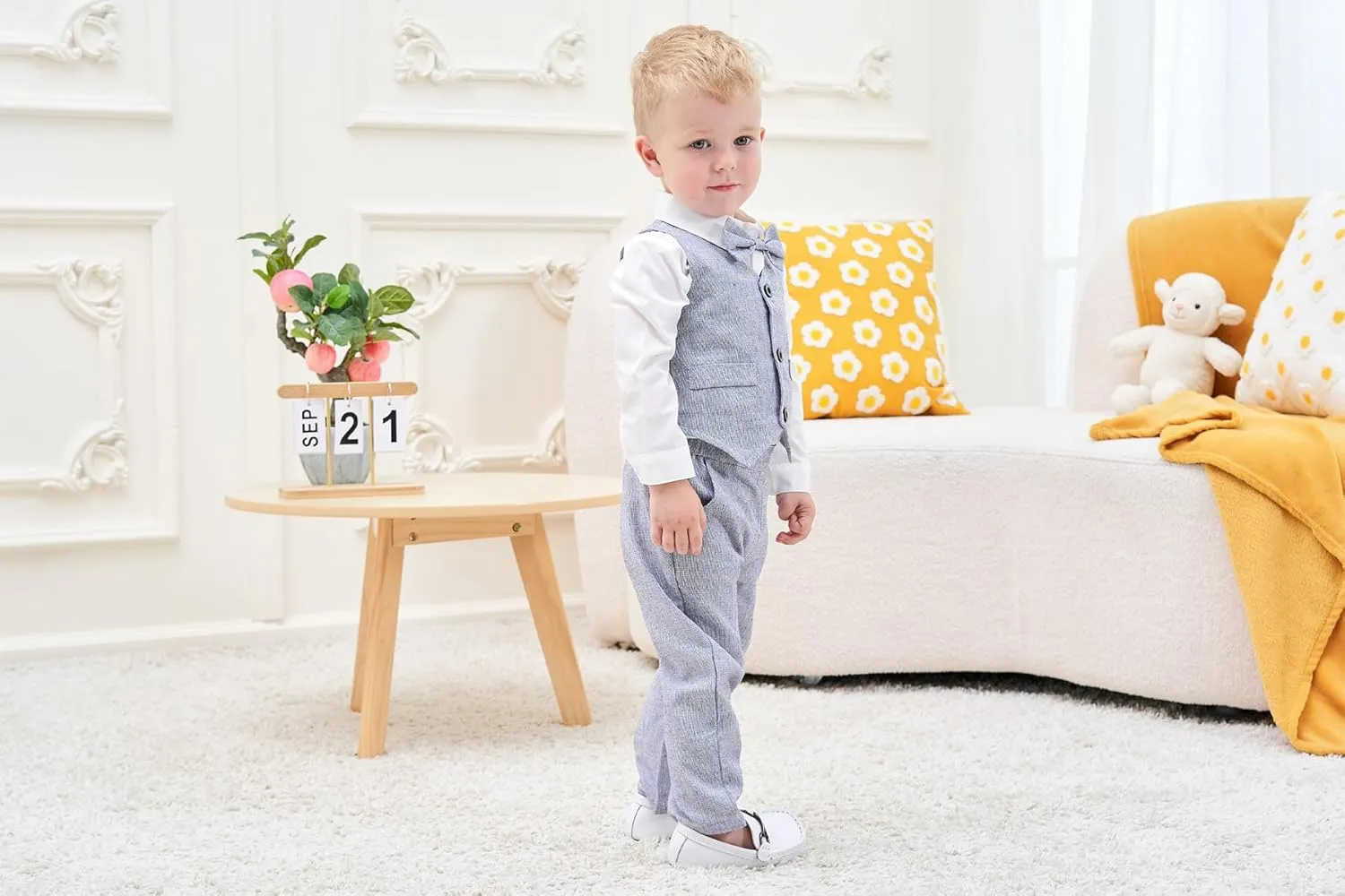 ARTMINE Toddler Boy Clothes Suit Gentleman Wedding Outfits, Formal Dress Shirt Bowtie Vest Pants
