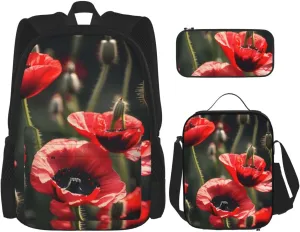 Beautiful Red Poppy Flower Print Pencil Case Lightweight Casual Fashion Backpack Lunch Bag Large Capacity Travel Bag