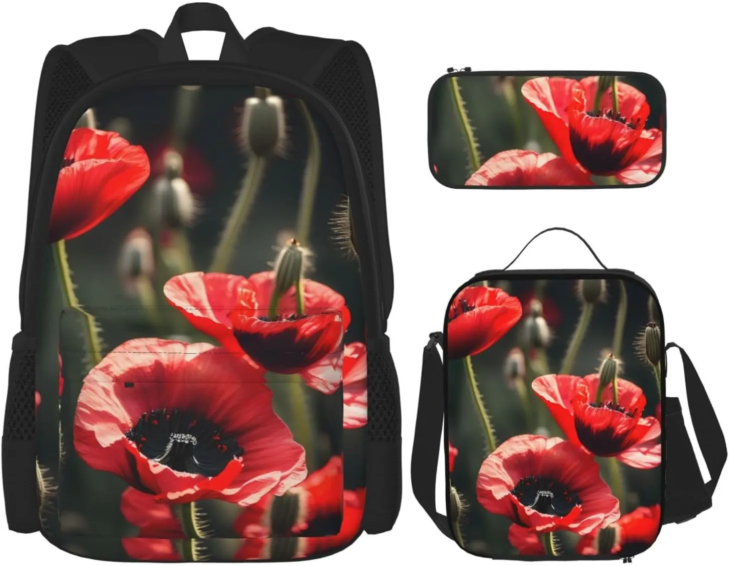 Beautiful Red Poppy Flower Print Pencil Case Lightweight Casual Fashion Backpack Lunch Bag Large Capacity Travel Bag