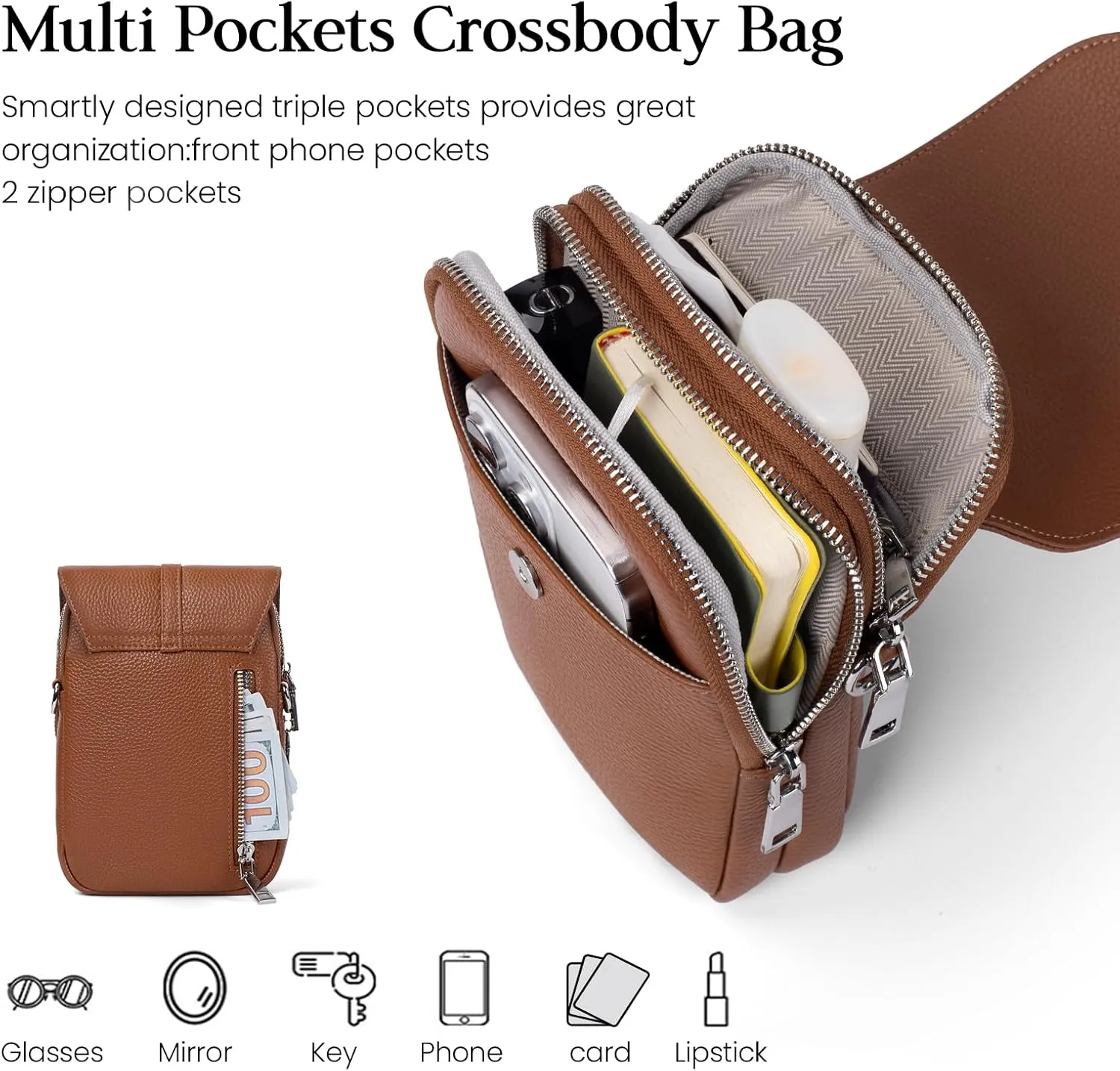 befen Genuine Leather Small Crossbody Bags for Women, Multi Pocket Cell Phone Crossbody Purse with RFID Blocking Card Slots
