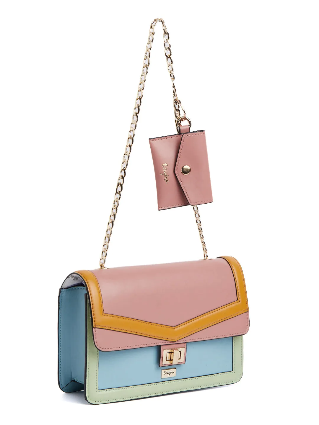 Berrylush Women Multicolour Colourblocked Pattern PU Front Twist Pouch Structured Regular Handheld Bag