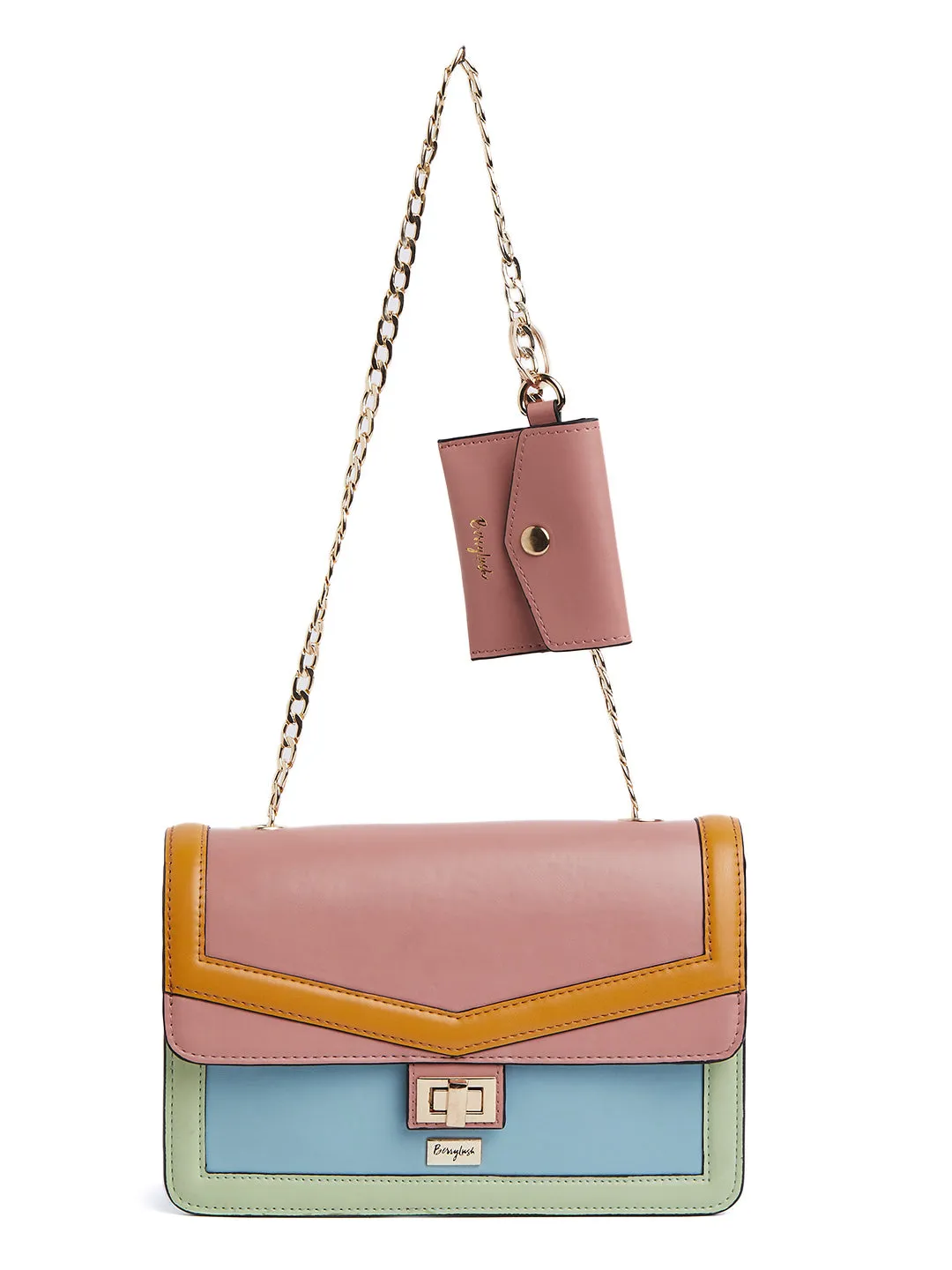 Berrylush Women Multicolour Colourblocked Pattern PU Front Twist Pouch Structured Regular Handheld Bag