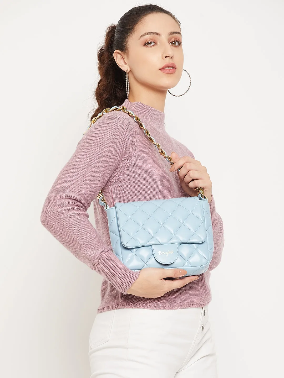 Berrylush Women Solid Sea Blue Synthetic Leather Quilted Shoulder Bag