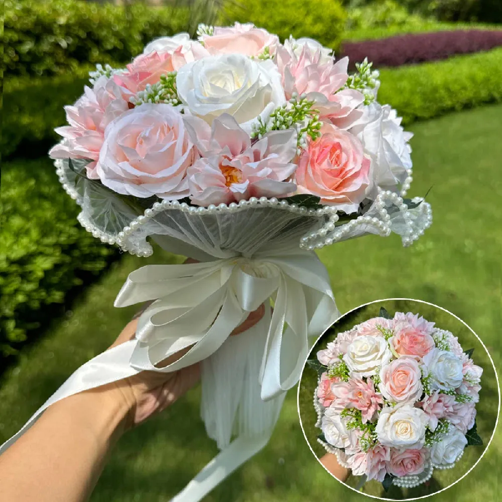 Bridal Bridesmaid Wedding Bouquets Rose Silk Ribbon Pearl Lace