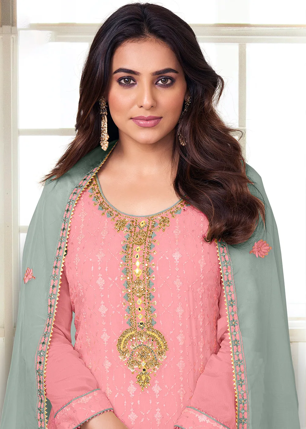 Charming Light Pink Heavy Chinon Embroidered Palazzo Kurta Set