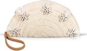 Clutch Purses for Women, Straw Beach Bag, Bohemian Handmade Woven Envelope Package, Shell flower Tassel Summer Handbags for Vacation, Travel(Beige)