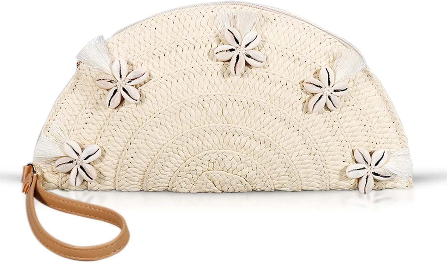 Clutch Purses for Women, Straw Beach Bag, Bohemian Handmade Woven Envelope Package, Shell flower Tassel Summer Handbags for Vacation, Travel(Beige)