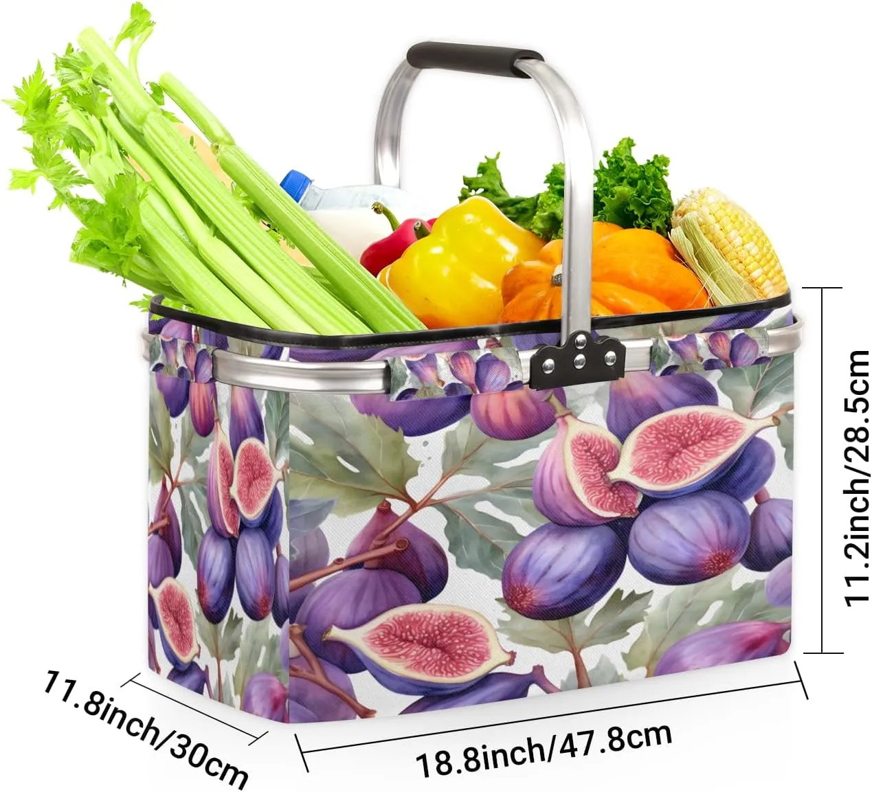 Collapsible Picnic Basket with Handle, Purple Fig Illustration 30L Reusable Shopping Basket, Polyester Portable Market Basket for Shopping, Beach, Storage