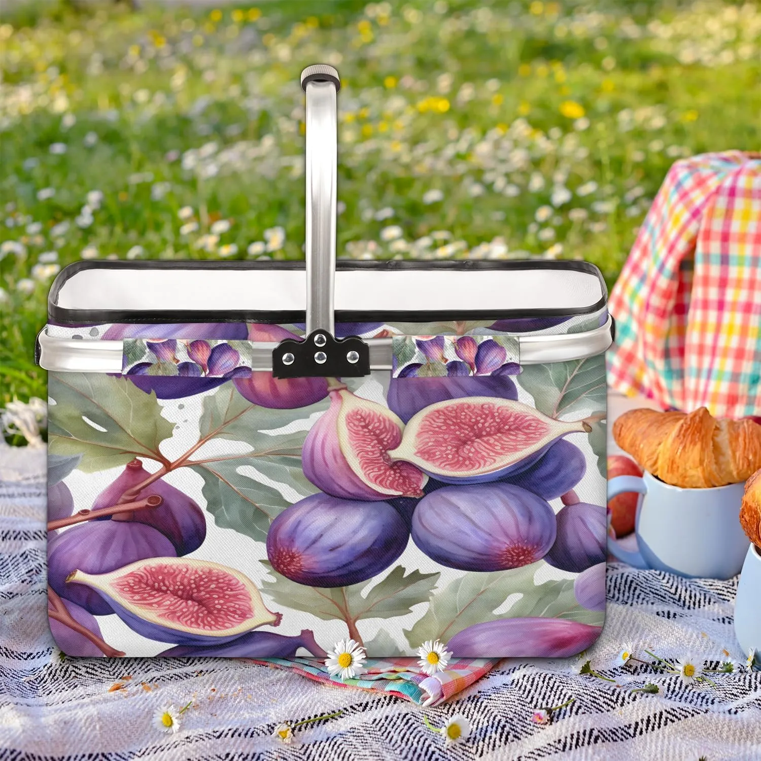 Collapsible Picnic Basket with Handle, Purple Fig Illustration 30L Reusable Shopping Basket, Polyester Portable Market Basket for Shopping, Beach, Storage