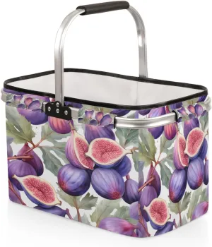 Collapsible Picnic Basket with Handle, Purple Fig Illustration 30L Reusable Shopping Basket, Polyester Portable Market Basket for Shopping, Beach, Storage