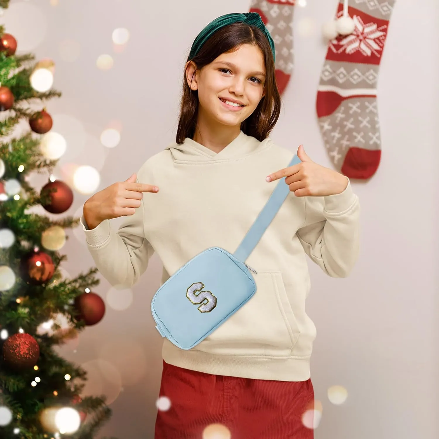 COSHAYSOO Blue Belt Bag Waist Fanny Pack Small Crossbody Trending Pouch with Initial Letter Patch for Women Teenage Girl Travel Essential, Personalized Christmas Gift Preppy Cute Teen Stuff (S)