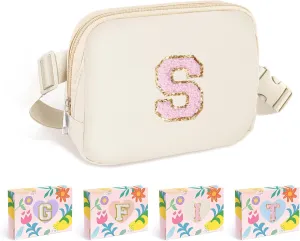 COSHAYSOO Ivory Belt Bag Fanny Pack Crossbody Bridesmaid Proposal Gifts Bride Maid of Honor Bachelorette Party Bridal Shower Gift for Mother of Bride to be Groom Honeymoon Travel Initial Letter S
