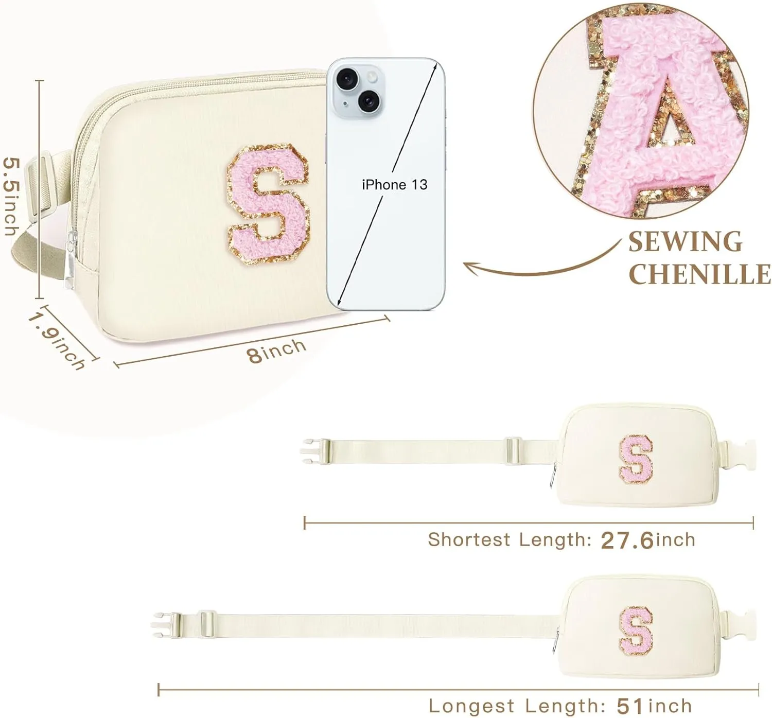 COSHAYSOO Ivory Belt Bag Fanny Pack Crossbody Bridesmaid Proposal Gifts Bride Maid of Honor Bachelorette Party Bridal Shower Gift for Mother of Bride to be Groom Honeymoon Travel Initial Letter S