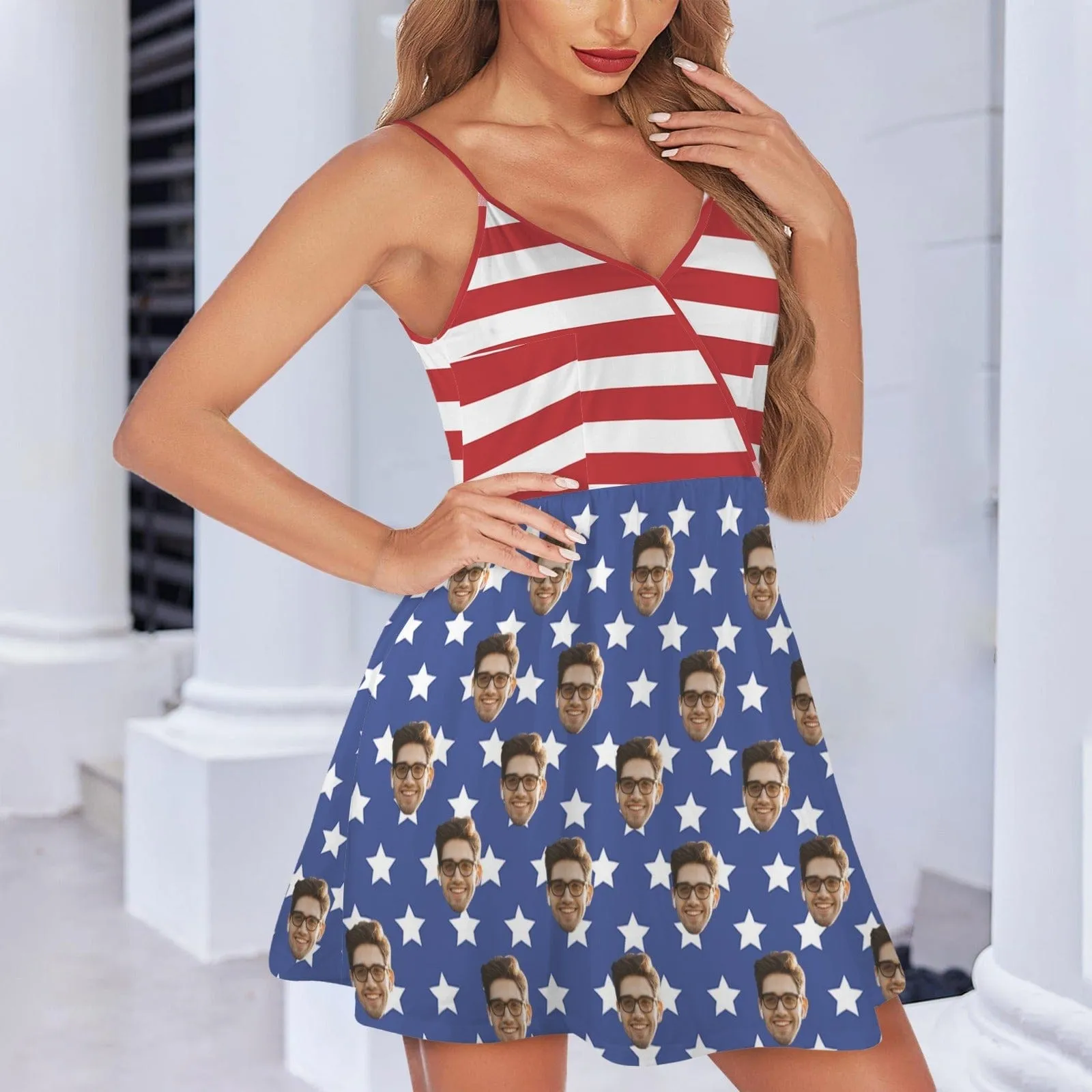 Custom Face American Flag Style Women's V-neck Wrap Cami Casual Dress