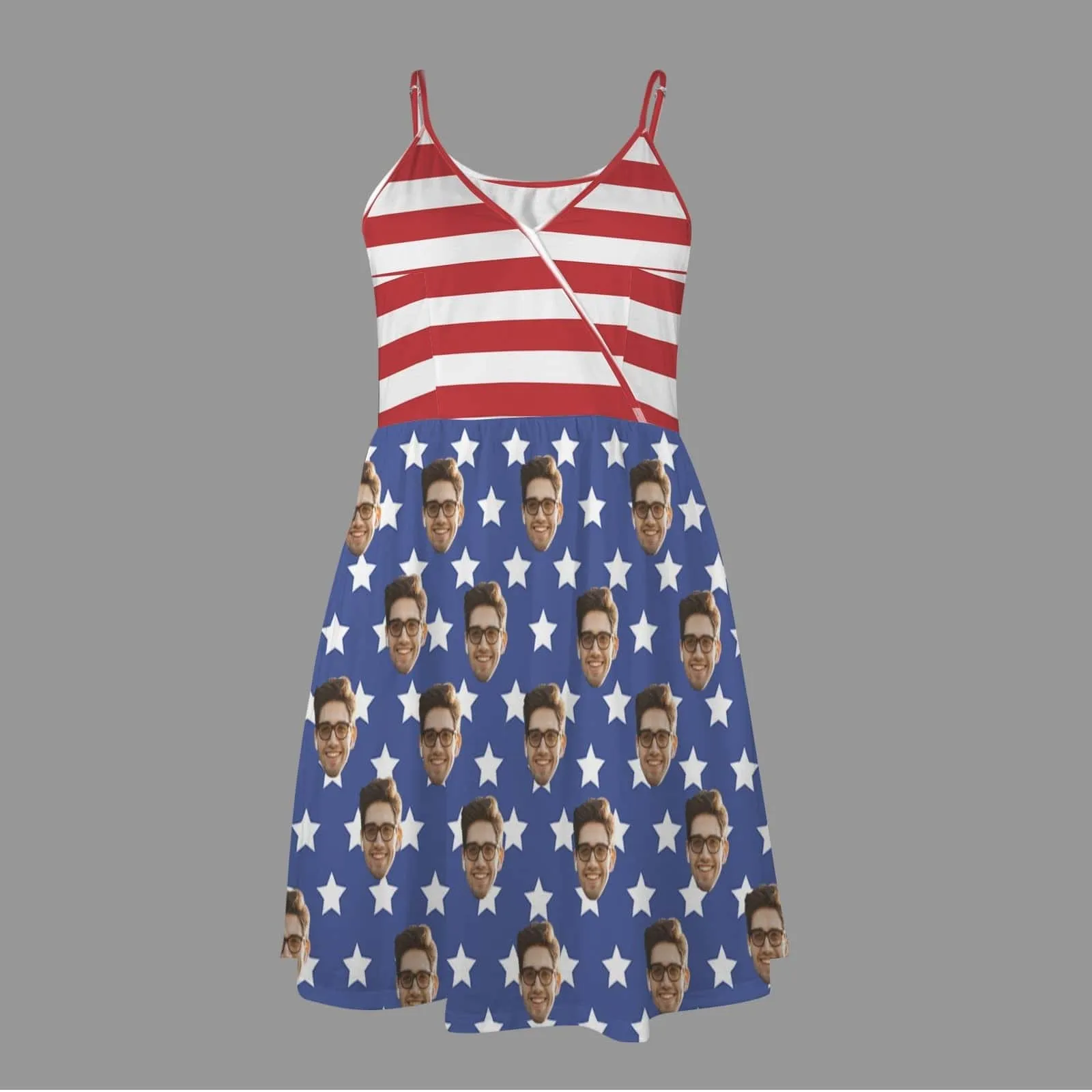 Custom Face American Flag Style Women's V-neck Wrap Cami Casual Dress