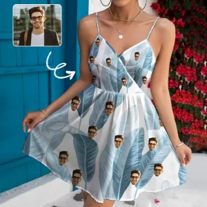 Custom Face Blue Leaves Women's V-neck Wrap Cami Casual Dress