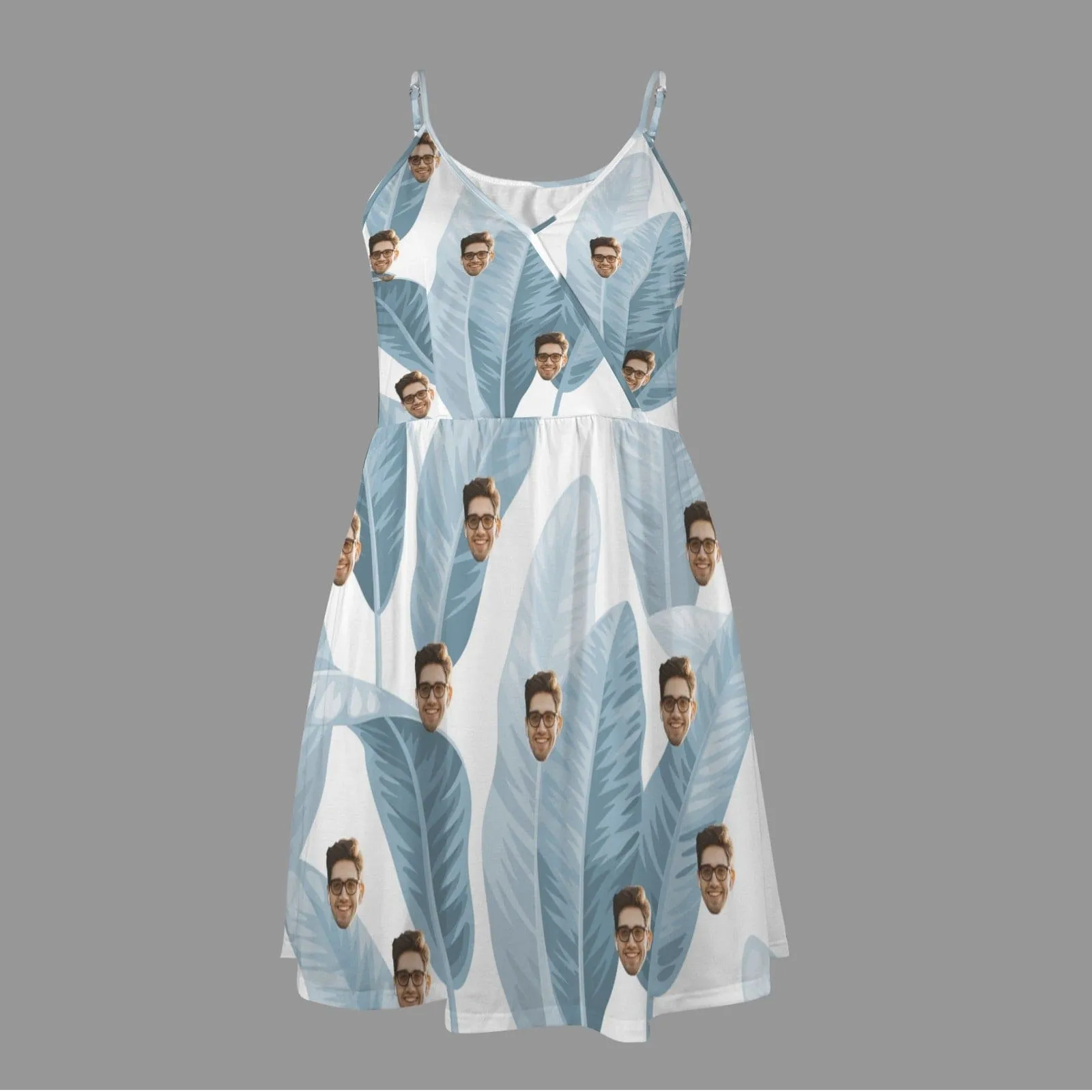 Custom Face Blue Leaves Women's V-neck Wrap Cami Casual Dress