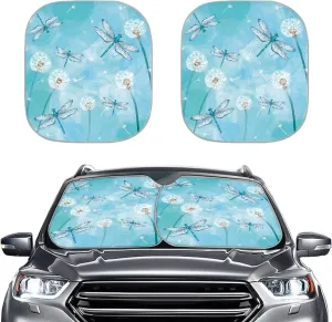 Dandelion Dragonfly Sunshade for Car Windshield Blue Marble Sun Shade Universal Fit Car SUV 2 Pcs Sun Screen for Windshield Foldable Front Window Sun Visor Protector, Keep Cool