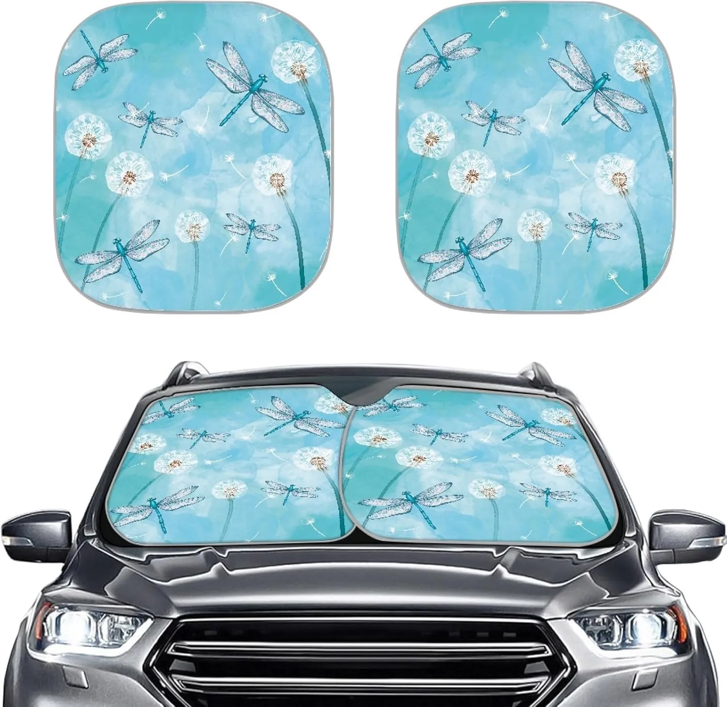 Dandelion Dragonfly Sunshade for Car Windshield Blue Marble Sun Shade Universal Fit Car SUV 2 Pcs Sun Screen for Windshield Foldable Front Window Sun Visor Protector, Keep Cool