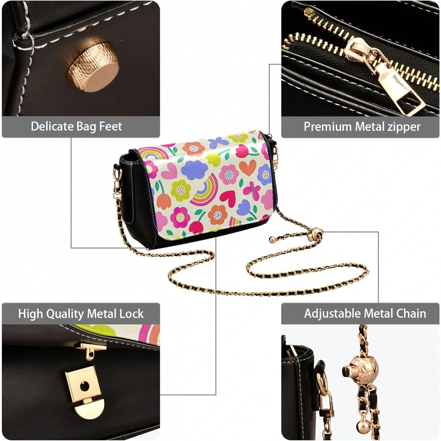 Floral Blue Small Flower Shoulder Leather Bags Black Women Crossbody Bag Purses Trendy Handbag with Chain Strap