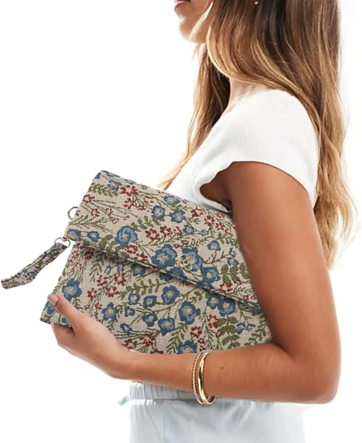 Floral Clutch Purse Bag for Women Embroidery Flower Evening Handbags,Colorful Soft Woven Wristlet Envelope Wallet