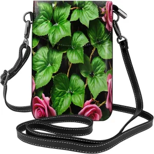 Floral Rose Ivy with Leaves Spring Print crossbody cell phone purse for women,trendy mini handbag with credit card slots