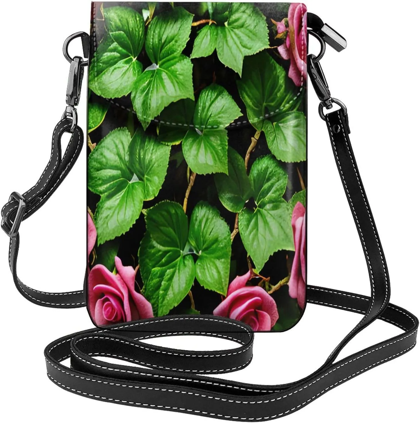 Floral Rose Ivy with Leaves Spring Print crossbody cell phone purse for women,trendy mini handbag with credit card slots