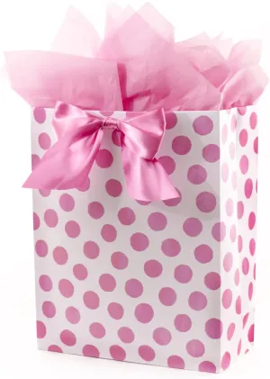 Hallmark 15" Extra Large Gift Bag with Tissue Paper (Pink Polka Dots and Bow) for Birthdays, Easter, Baby Showers, Bridal Showers, Any Occasion