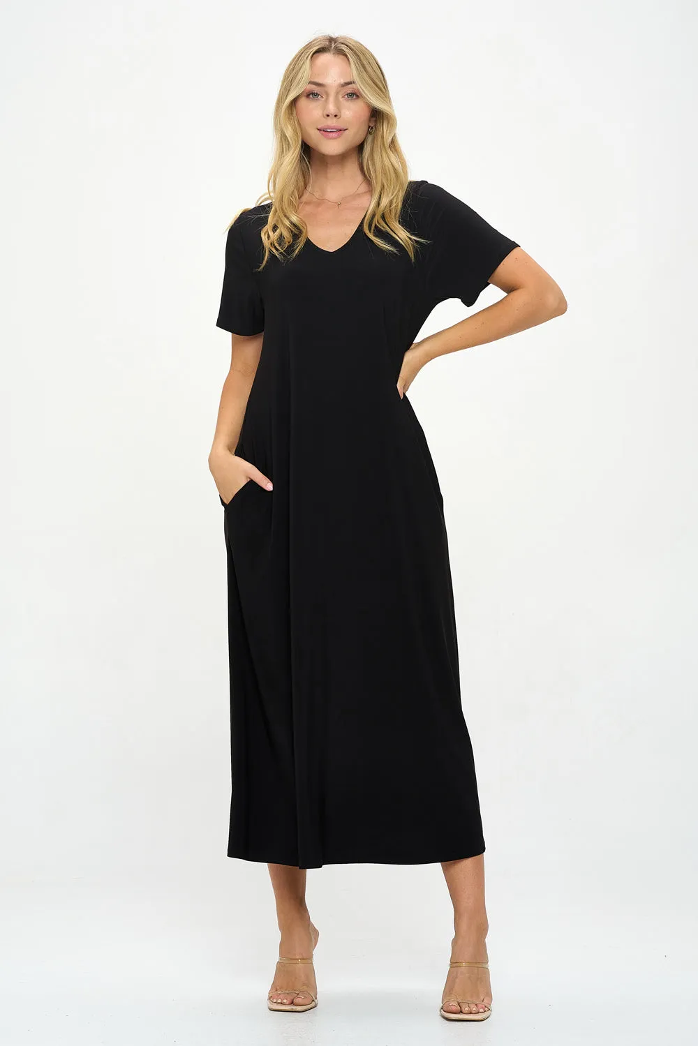 HIT V-Neck Long Dress W/Pocket-7085HT-SRS1-K