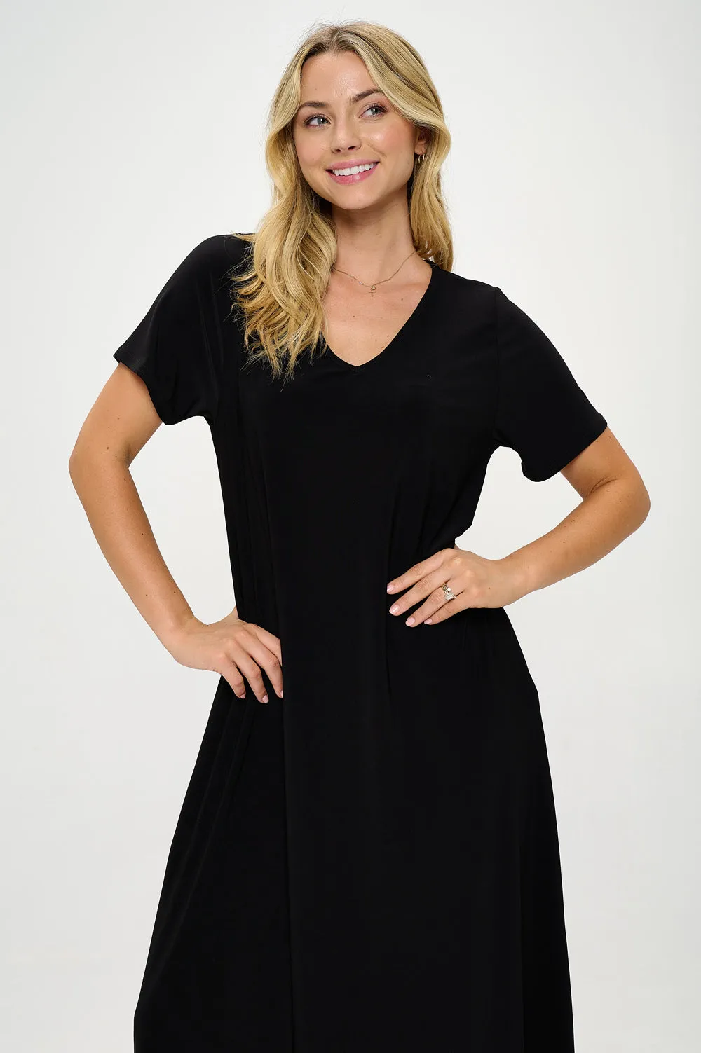 HIT V-Neck Long Dress W/Pocket-7085HT-SRS1-K
