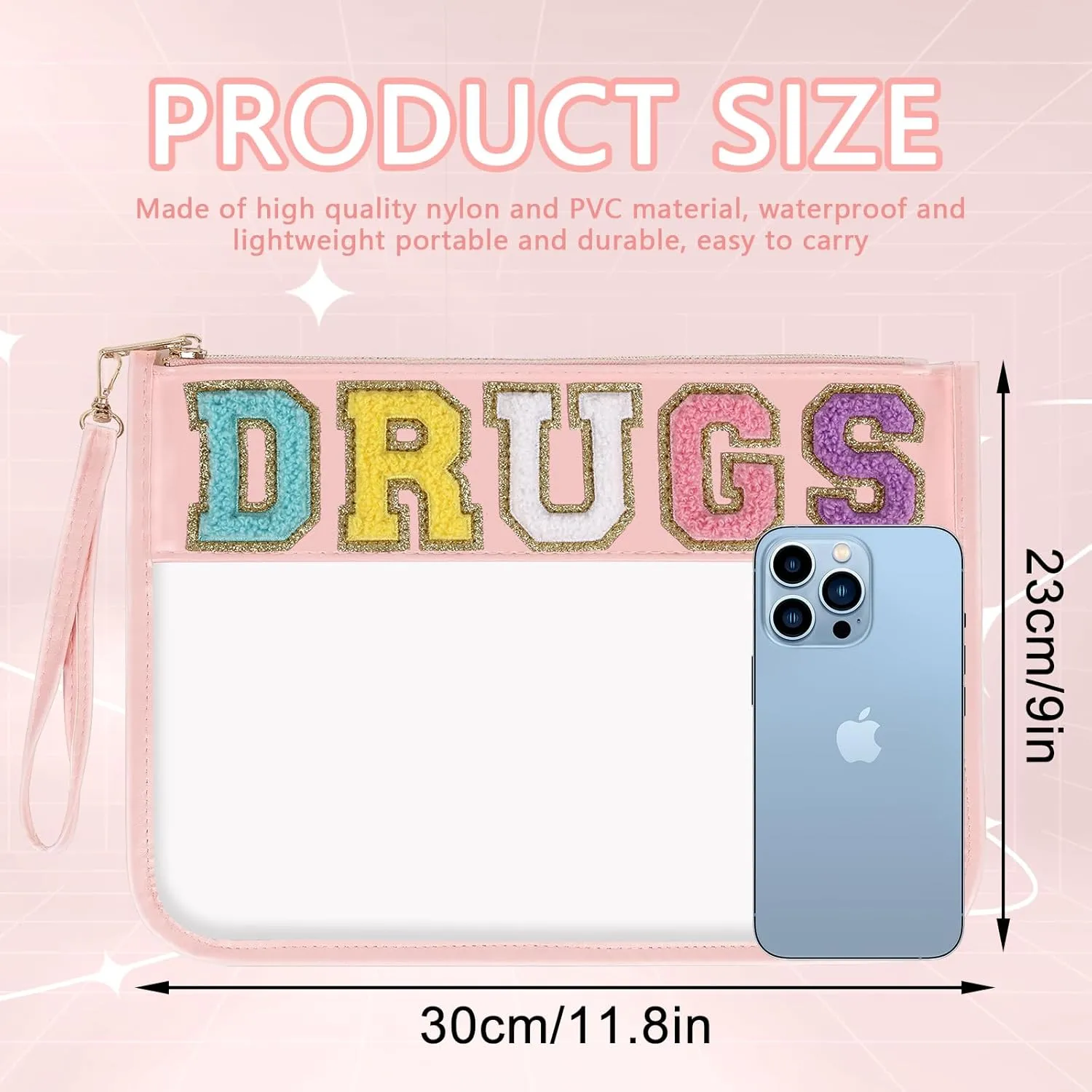 Iqimott Chenille Letter Patch Bag Clear MEDS Drugs Pouch, Preppy Portable Cosmetic Makeup Bag for Women Girls Travel, Waterproof Nylon Zipper Toiletry Medicine Storage Case Stadium Bag(Pink, GRUGS)