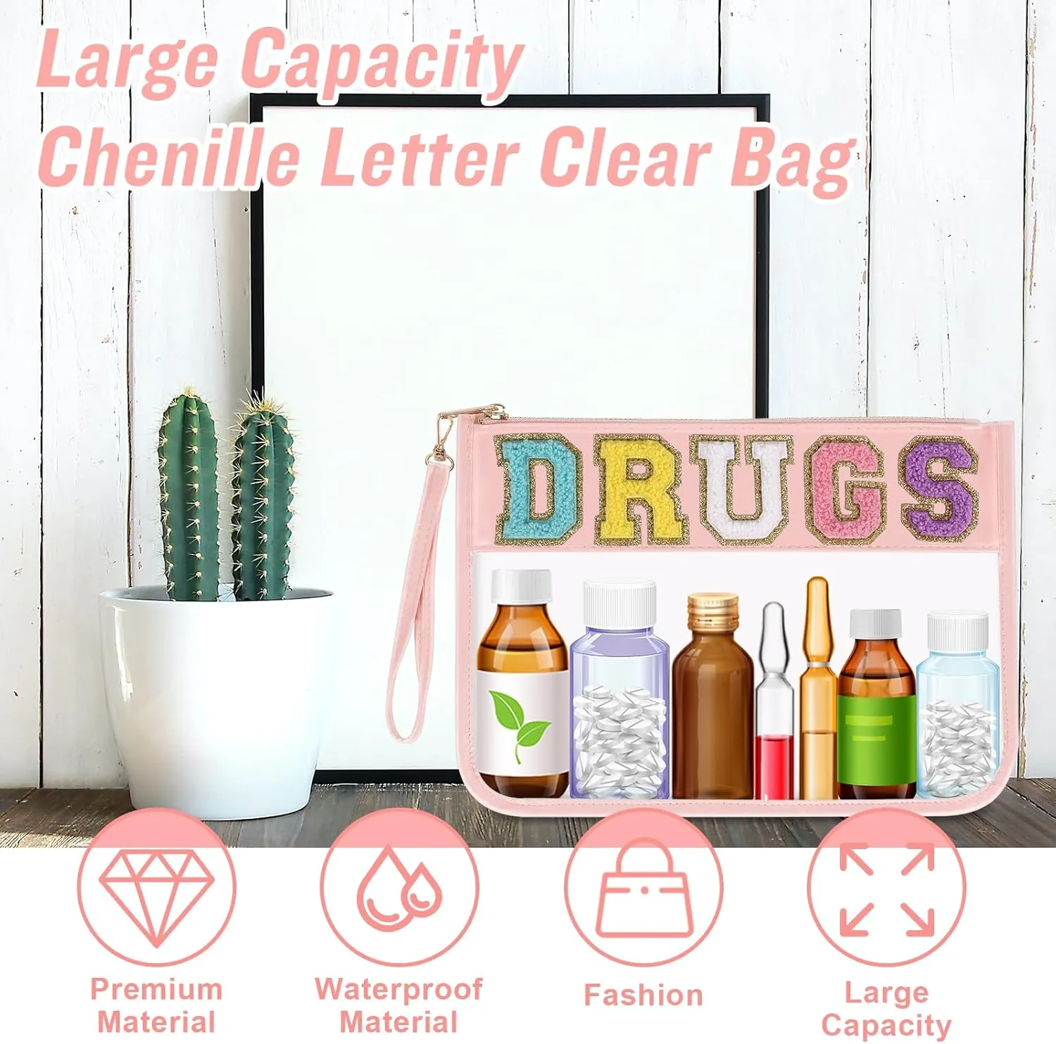 Iqimott Chenille Letter Patch Bag Clear MEDS Drugs Pouch, Preppy Portable Cosmetic Makeup Bag for Women Girls Travel, Waterproof Nylon Zipper Toiletry Medicine Storage Case Stadium Bag(Pink, GRUGS)