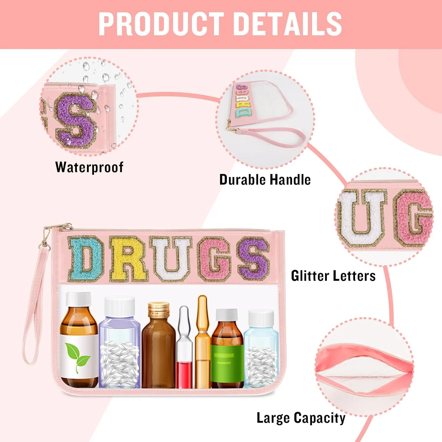 Iqimott Chenille Letter Patch Bag Clear MEDS Drugs Pouch, Preppy Portable Cosmetic Makeup Bag for Women Girls Travel, Waterproof Nylon Zipper Toiletry Medicine Storage Case Stadium Bag(Pink, GRUGS)