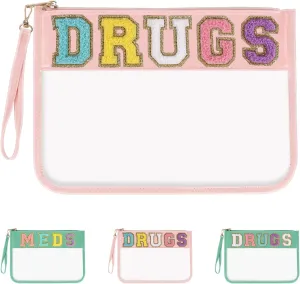 Iqimott Chenille Letter Patch Bag Clear MEDS Drugs Pouch, Preppy Portable Cosmetic Makeup Bag for Women Girls Travel, Waterproof Nylon Zipper Toiletry Medicine Storage Case Stadium Bag(Pink, GRUGS)