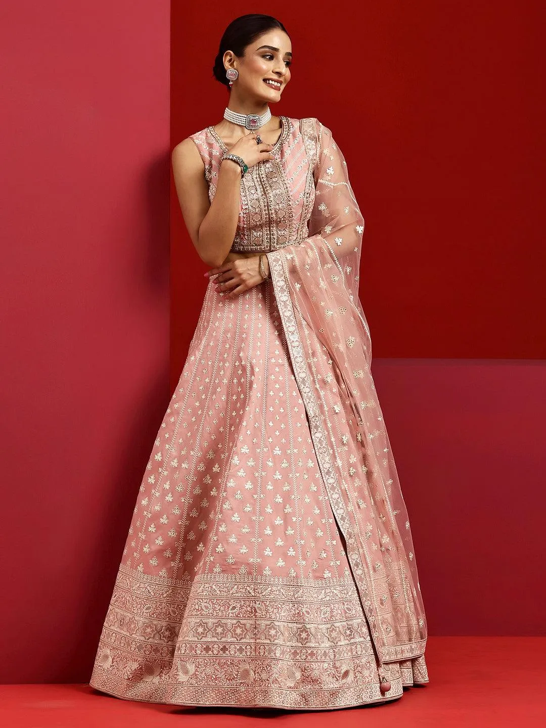 Jashvi Art Pink Embroidered Silk Blend Lehenga Set
