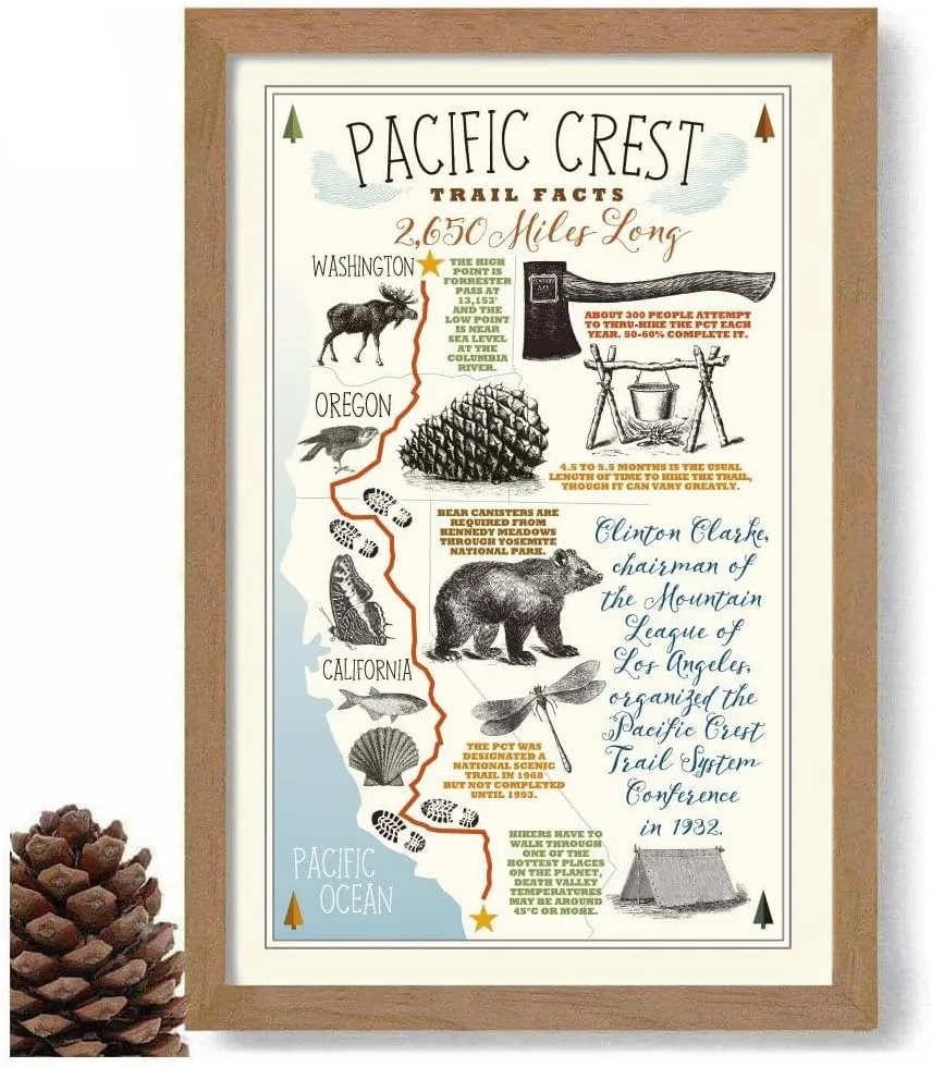 Kumimixoa Pacific Crest Trail Map, Camping Decor Hiking, Rustic Decor, Northwest Art, Backpack Pine Cone, Nature Lovers, Cabin Sign Unframed #751