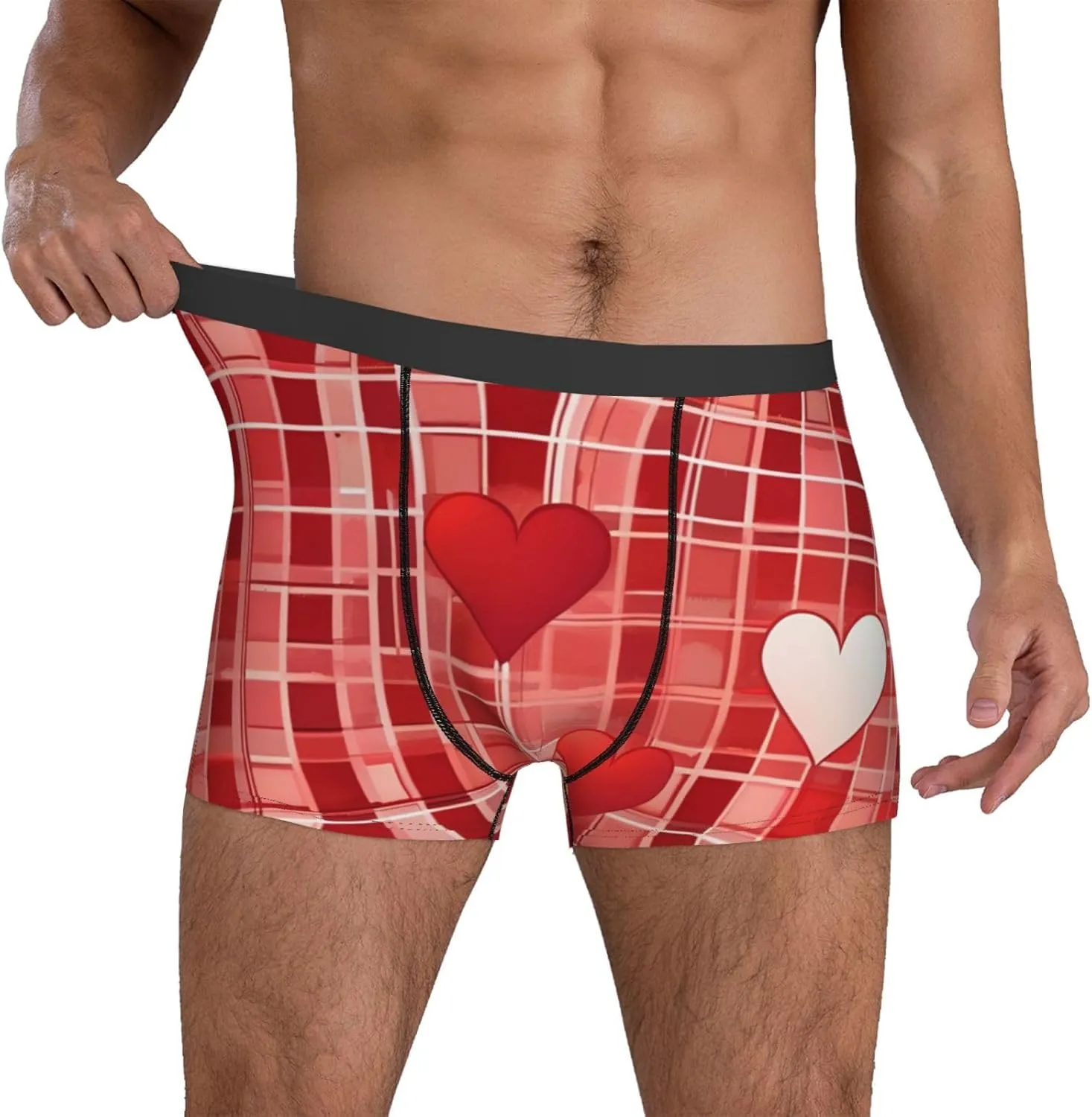 Lattice Grid Red Romance Men's Underwear, Boxer Briefs for Men Elastic fabric Breathable Elastic waistband, Essentials