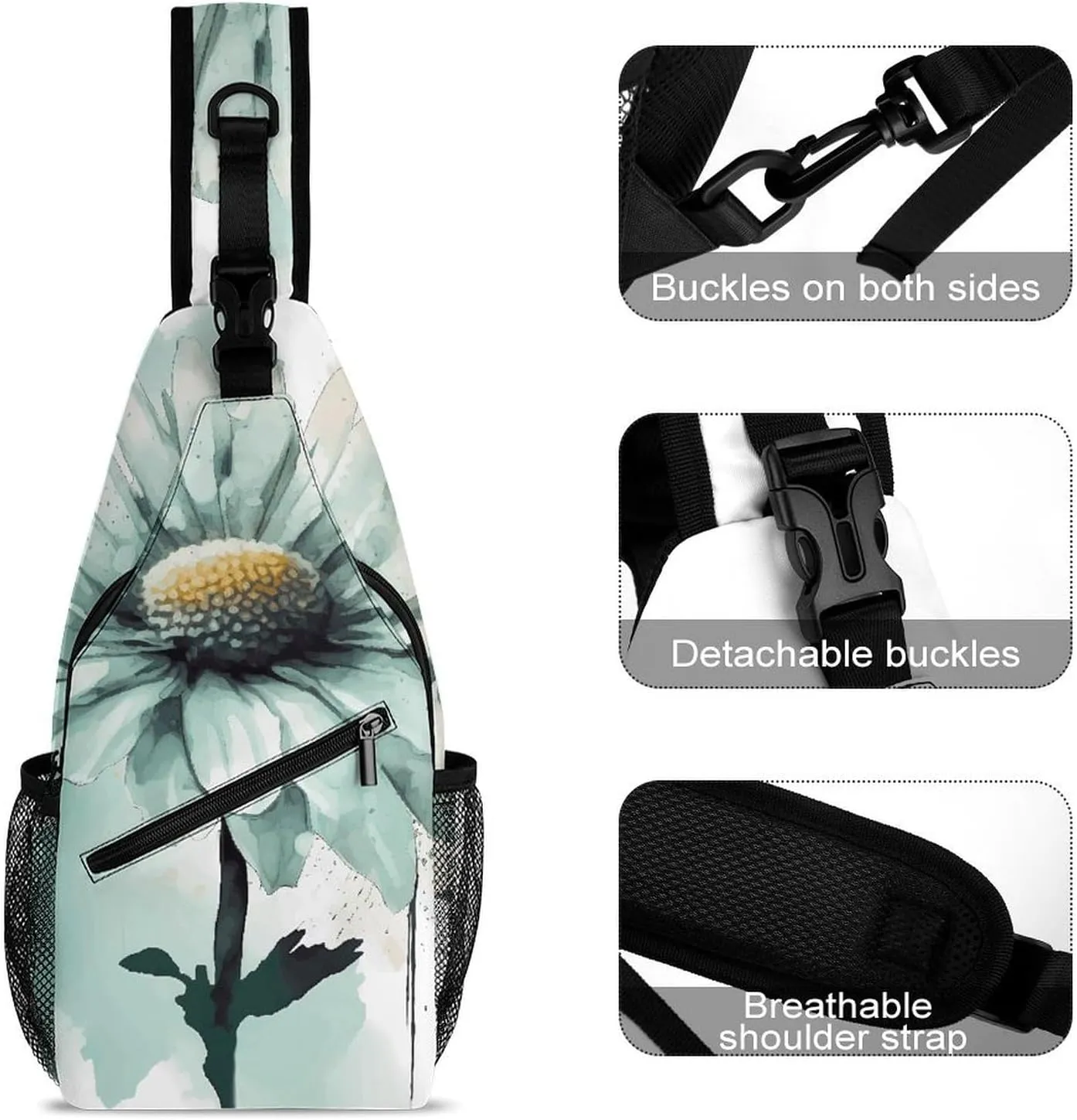 Lightweight Chest Bag Crossbody Bag Mint Green Watercolor Daisy Sling Backpack for Women Men Sports Travel