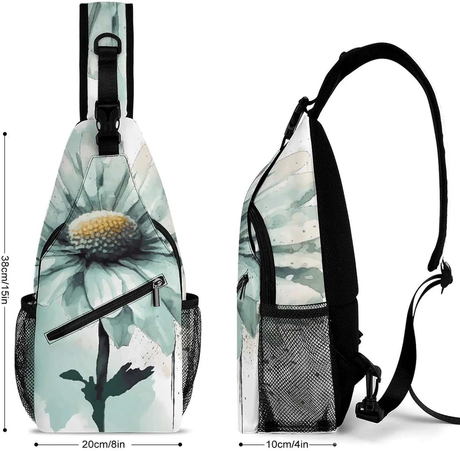 Lightweight Chest Bag Crossbody Bag Mint Green Watercolor Daisy Sling Backpack for Women Men Sports Travel