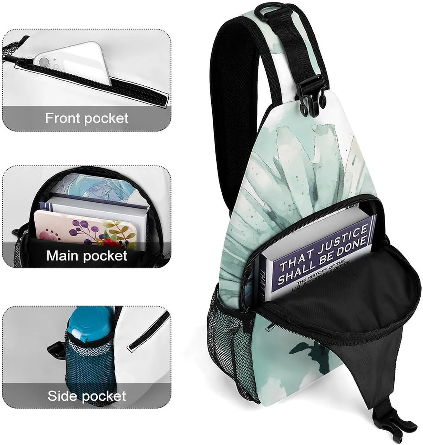 Lightweight Chest Bag Crossbody Bag Mint Green Watercolor Daisy Sling Backpack for Women Men Sports Travel