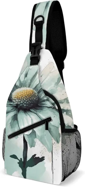 Lightweight Chest Bag Crossbody Bag Mint Green Watercolor Daisy Sling Backpack for Women Men Sports Travel